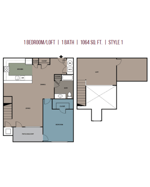Floor plan for 1 bed, 1 bath, 943 sqft
